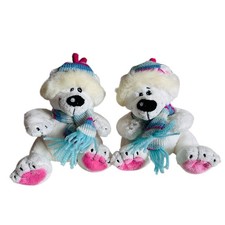 Keel Toys Polar Bear Plush x2 Pair Knitted Hat Scarf Cuddly Toy Christmas Winter