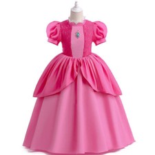Girls Kids Princess Peach Cosplay Dress Costume Roleplay Crown Party Fancy Dress