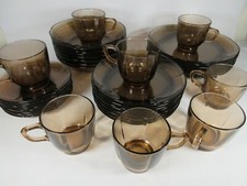 Duralex France Smoked Glass Cups & Saucers Plates Bowls Vintage Glassware