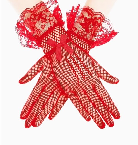 Red lace fishnet gloves - lace, women