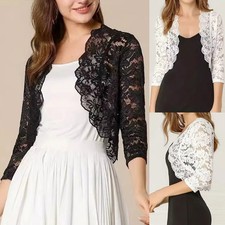 Women's Cropped Full Floral Lace Open Ladies Bolero Cardigans Shirts Tops Sizes