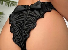 Sexy Black Satin Ruched Back Frilly Edge Panties Knickers Sissy  CD TV  34 - 42"
