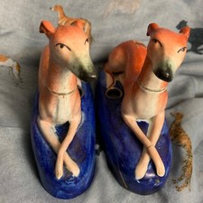 Antique Greyhound Pair Inkwells Staffordshire Dog Whippet Figurines Borzoi