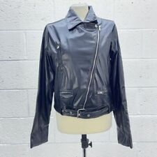 PLT BLACK LEATHER BUKER JACKET WRAP SILVER ZIP BELTED FAUX Y2K UK 12