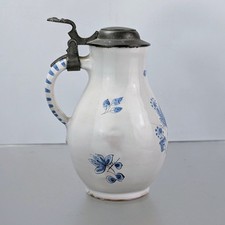 Antique Dutch Delft ware Pottery Pewter Hand Painted Blue White Flagon Jug NR
