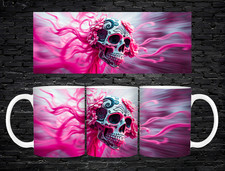 Sugar Skull Mug 11oz Neon Pink Floral Day of the Dead Art Coffee Tea Cup Gift