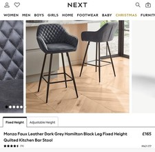 Monza Faux Leather Dark Grey Hamilton Black Leg Fixed Height Quilted Kitchen Bar