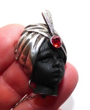 ANTIQUE DECO SILVER BLACKAMOOR BROOCH LONDON 1947 RUBY PASTE BLACKAMOOR PRINCE