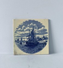 Vintage Dutch Delft Blue Tile.Blue White Ceramic boat themed tile.Wall Art