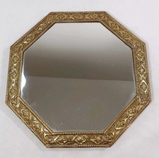 Octagonal Wall Mirror With Repousse Brass Frame on Wood Backing Vintage c1930s