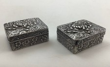 Pair of Ornate Silver Trinket Boxes-White Metal/Silver? Japanese Floral Design 