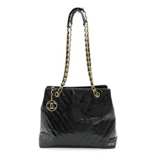 CHANEL V-stitch Coco Mark tote bag with chain shoulder strap in black enamel lea