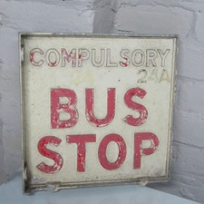 VINTAGE COMPULSORY BUS STOP SIGN YELLOW & RED DOUBLE SIDED CAST METAL NOT ENAMEL