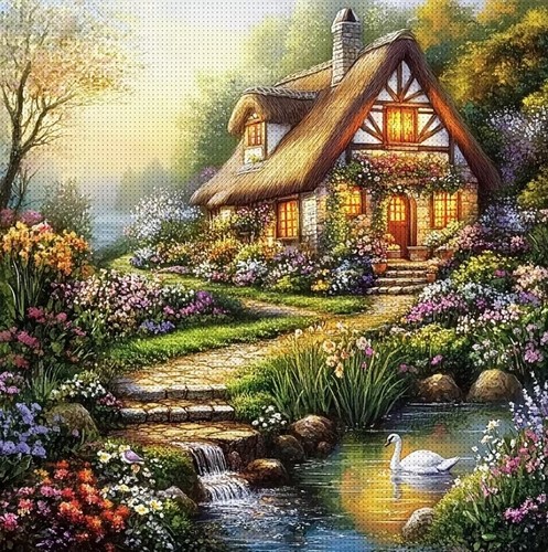 Thatched cottage printed cross - printed,