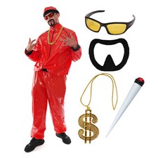 MENS 90'S RAPPER COSTUME FANCY DRESS RED TRACKSUIT GLASSES DOLLAR CHAIN BEARD