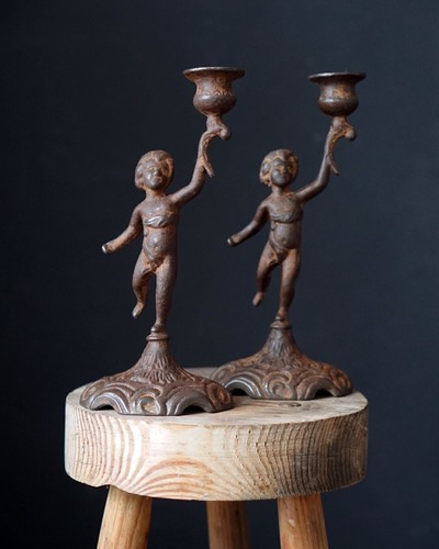 Pair vintage cast iron - iron, cherub