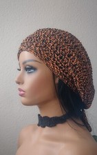 Crochet Adjustable Rasta Dreadlocks Slouchy Tam Beret,Cotton Yarn, Orange/ Black
