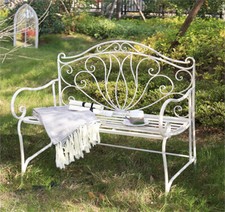 Oriental 2 Seat Vintage Garden Bench - Wrought Iron, White Finish, Easy Assembly