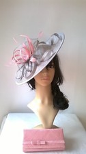 Silver Grey/ girly pink..sinamay & feather Hatinator shaped disc Wedding.races..