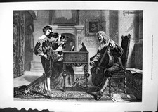 Old Antique Print Trio Men Playing Cello Violin Woman Playing Piano 1877 19th