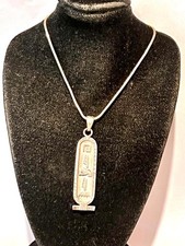 SILVER EGYPT HIEROGLYPHICS CARTOUCHE BULLION BAR STYLE TABLET PENDANT NECKLACE