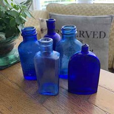 Old Fashioned Glass Chemist Bottles Antique Blue Glass Home Décor x 5