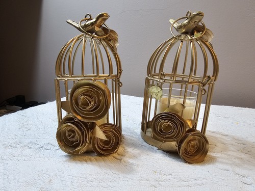 Pair gold birdcage candle - gold,