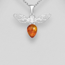 Beautiful 925 Solid Silver Bee Pendant Decorated with Baltic Amber