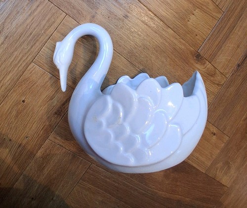 Vtg white ceramic swan planter - swan,
