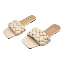 Flat Sandals Women's UK Size 4 Beige Braided Slip On Sliders Summer Shoes