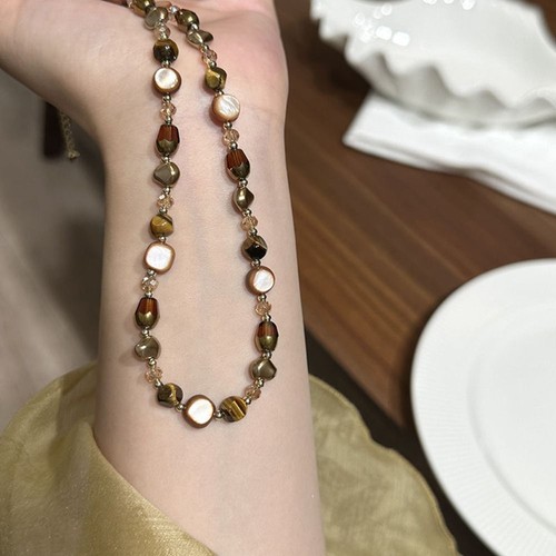 Brown beaded chain necklace - beaded,