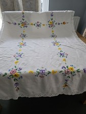 Vintage White Embroidered  Tablecloth 48x67  Inches