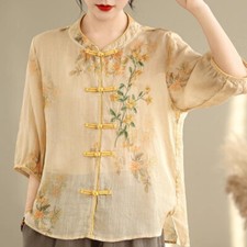Lady Embroidered Shirt Tops Ethnic Blouse T-shirts Chinese Frog Button Retro Top