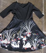 Stunning HUA LAN Swan Print Black A-Line Fit & Flare Swing Dance Dress L XL XXL