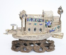 Chinese antique solid silver & enamel Junk boat ship miniature Hung Chong &co