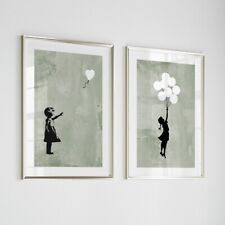 Set of 2 Banksy Heart Balloon Girl Wall Art Posters Prints Pictures Green Décor