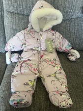 Ted Baker Baby Girls Purple Hooded Snowsuit All in One Floral Birds 0-3 Months