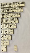 Antique Complete Set Of Double 9’s Victorian Bone Topped Ebony Bottom Dominoes