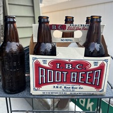 Six Pack Vintage Empty Brown IBC Root Beer 12 OZ Bottles With Holder No Caps