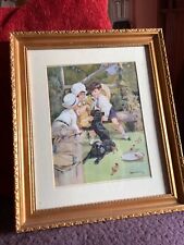 Vintage Picture - Print   Children Playing. With Dogs & Birds  -Gold Wood Frame.