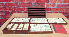 Vintage Bone & Bamboo Mahjong Set Wooden Case & Rulebook Parker Brothers 1920s