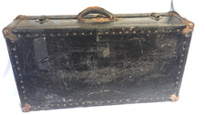 Vtg Black Steamer Trunk Brass Hardware Leather Handles Stenciled Numbers & Label