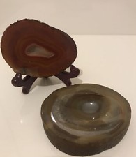 Two Natural Agate Geode Polished One Paper Weight And  +Brown Ashtray Trinket
