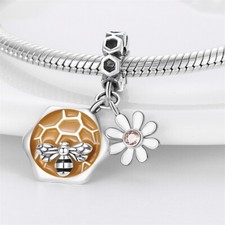 Bee Honey Comb Hive Queen Bumble Dangle Charm Sterling Silver 925