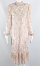 Vintage 80s Pink Long Sleeve Mockneck Lace Heavily Beaded Sequin 20s Style Dress