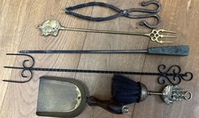 Antique Group Of Fire Tools Pokers, Shovel, Brush, Tongs & Forks Brass, Copper