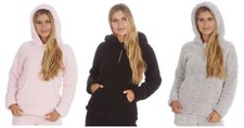 Ladies Warm Cosy Borg Fleece Lounge Hoodie Hooded Top Bed Jacket Black Grey Pink