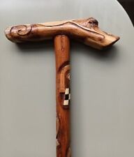  Antique Gnarled Wood Folk Art Walking Stick with Unique Carved Masonic Symbols