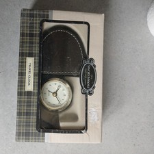 Vintage SAVORY MOORE Pocket Quartz Travel Alarm Clock in Faux Leather Brown Bag