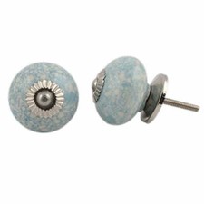 Round White Cabinet Knob Light Blue Cracked / Crackle Glaze | Drawer Pull